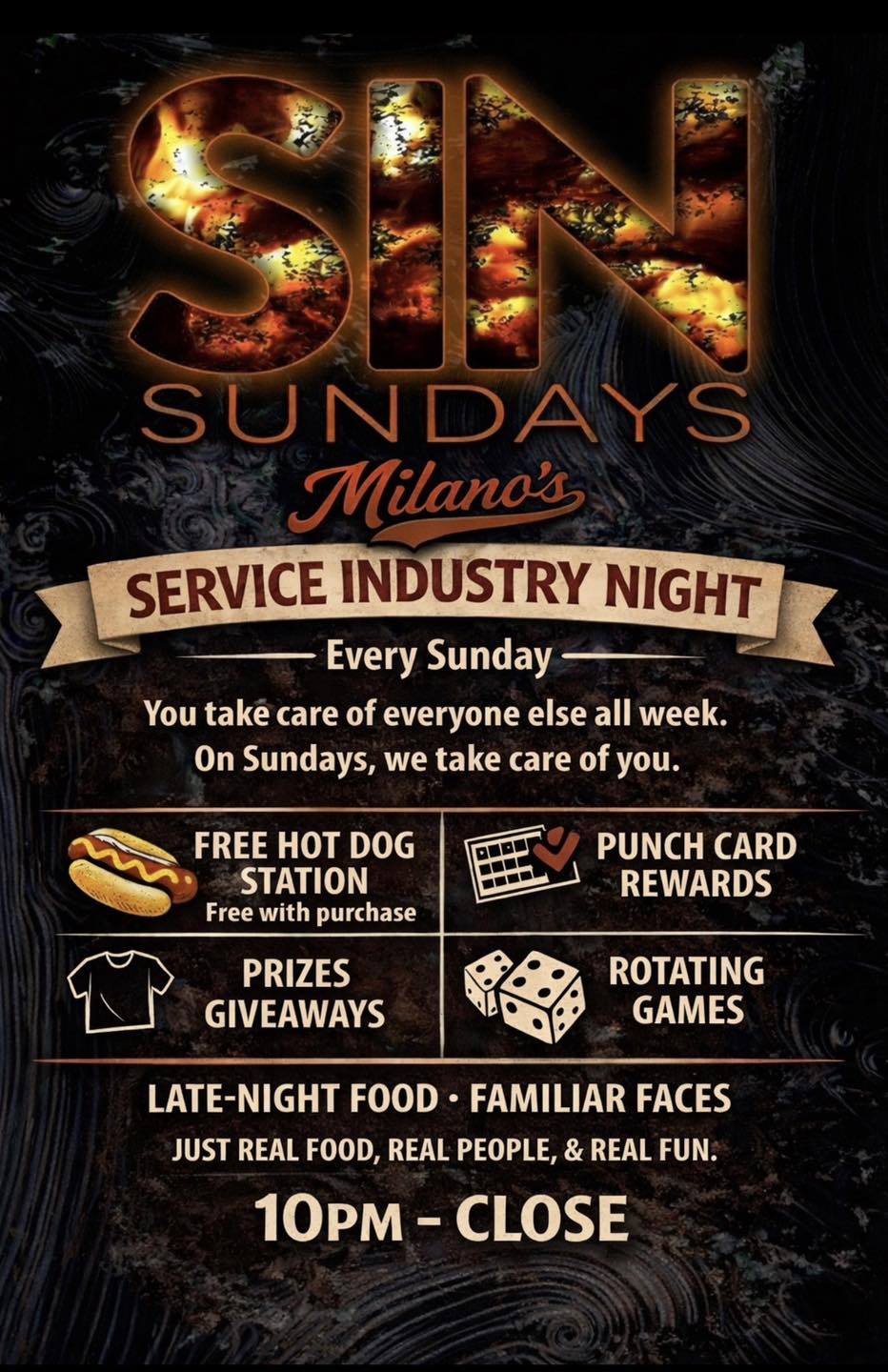 Sin Sundays service industry night at Milano's